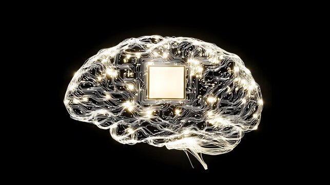 Illuminated Brain with Central Chip, Symbolizing Artificial Intelligence and Cognitive Computing
