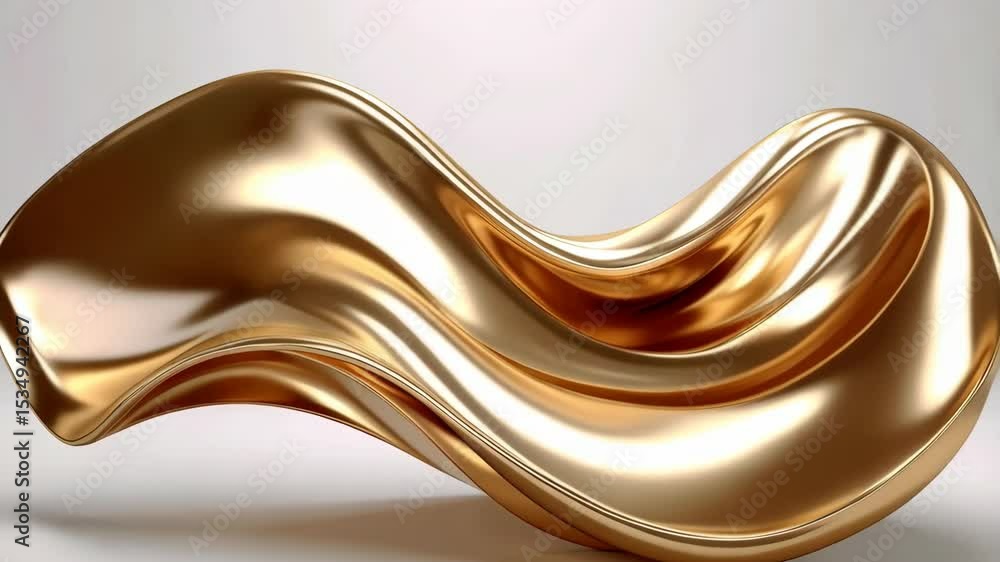 Poster elegant golden ribbon floating on a white surface showcasing smooth curves and flowing metallic fabr