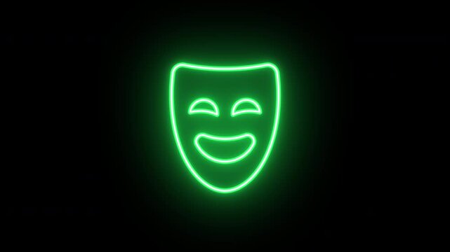 Neon comedy mask icon, flickering emergence and fading. Glowing neon theater mask icon, looped animation. Theatrical humor, laughter, comedian performance, comic show. Golden green orange colors