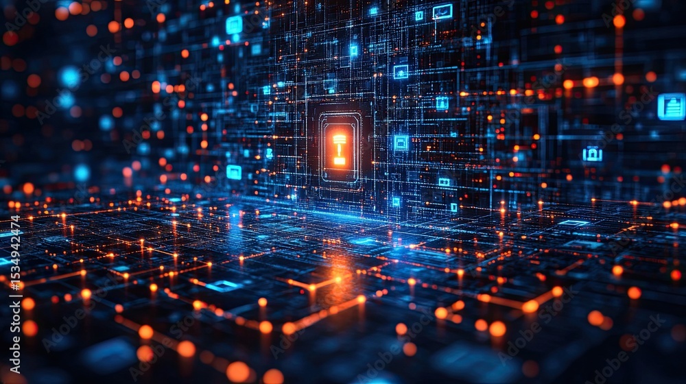 Poster cybersecurity information protection interface with digital lock, firewall defense, and secure netwo