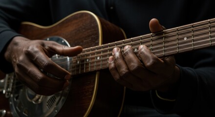 Fototapeta premium Melodic Hands: A close-up of hands deftly playing a wooden guitar, fingers gracefully dancing across the strings, invoking feelings of musical expression and artistic dedication.