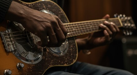 Resonating Rhythm: A close-up shot of hands playing a resonator guitar, showcasing the intricate details of the instrument and the musician's skill. The warm lighting enhances the mood. 