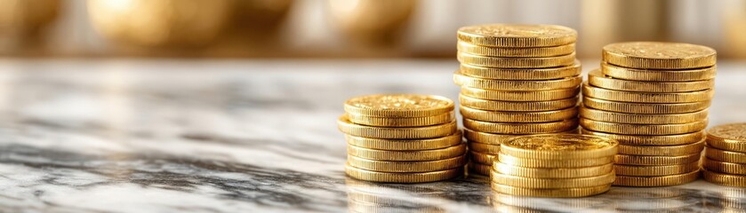 Safe haven asset opportunity and value trend concept. Stacked gold coins on a marble surface for financial concepts.