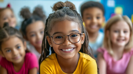 Group of smiling children in a classroom setting