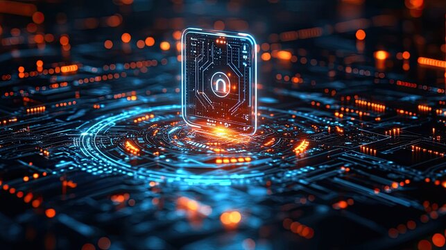 Cybersecurity information protection interface with digital lock, firewall defense, and secure network display  - Powered by Adobe