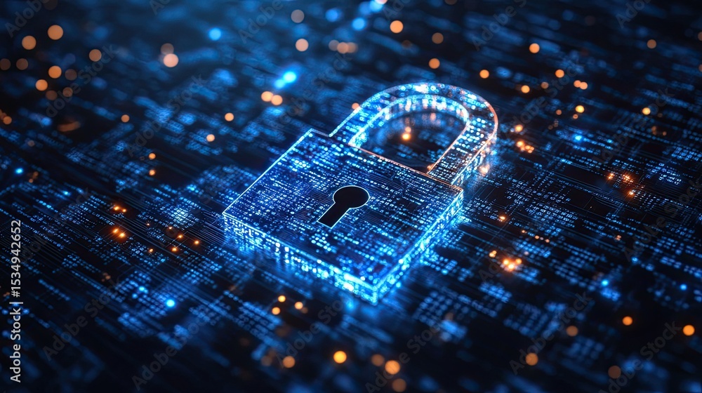 Poster cybersecurity padlock symbol on digital interface representing data protection, online privacy, and 