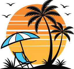 Tropical sunset beach scene with palm trees beach chair and umbrella