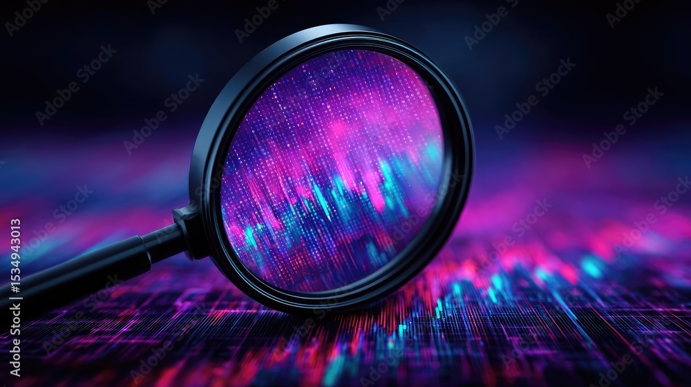 Poster investment opportunity on value and trading wealth concept. magnifying glass reveals vibrant digital