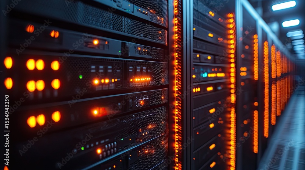 Poster data center server racks with blinking lights and