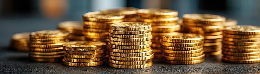 Gold market trend with forecast and portfolio value concept. A close-up of golden coins stacked in a modern setting.
