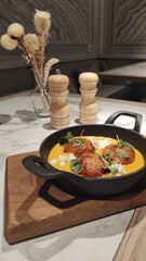 Cutlets in pumpkin sauce with feta cheese and herbs