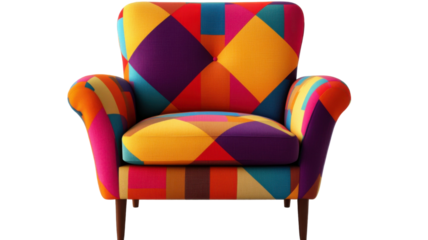 Title:  Modern Armchair with Bold Geometric Upholstery Isolated on White Background