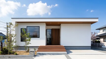 Modern white house with brown wooden accents, steps, and landscaping.