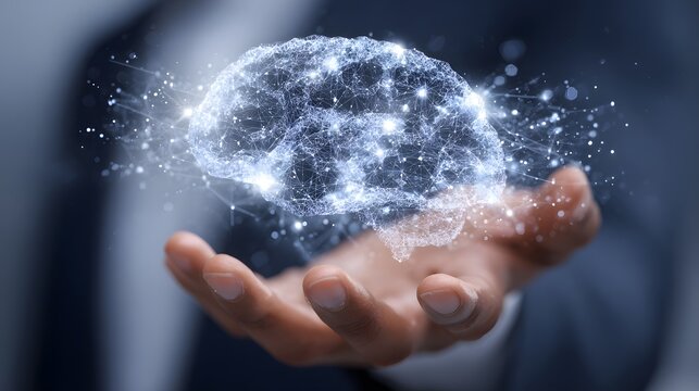 Futuristic Digital Brain Hovering Above Hand in Dark Background
