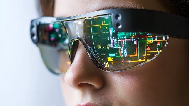 Close-up of augmented reality glasses on a person's face. - Powered by Adobe