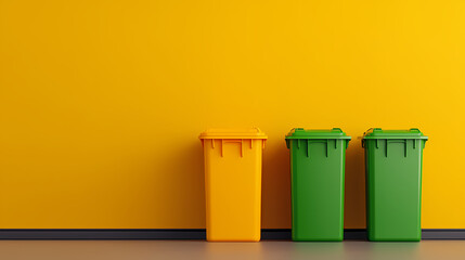 Three waste bins, one yellow and two green, stand against a vibrant yellow wall, symbolizing recycling and environmental awareness.