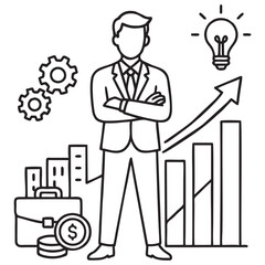 Black and White Line Art Business Growth Concept with Businessperson and Chart
