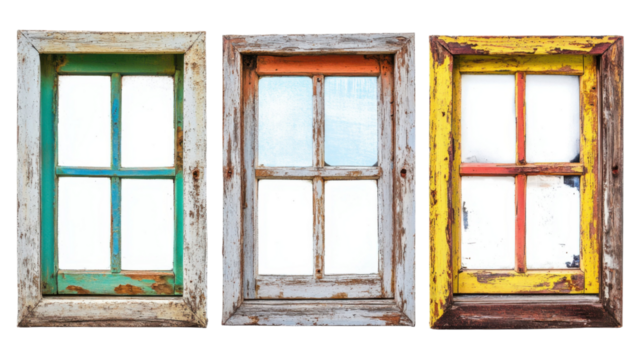 Title: Old Rusty Colorful Wooden Window Frames Isolated on White Background Vintage Weathered Architectural Detail