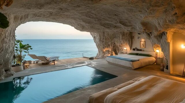 Luxurious Cave Hotel Room with Pool and Ocean View for an Exclusive Vacation