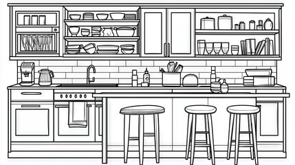 Line drawing of a well-equipped kitchen with bar stools.