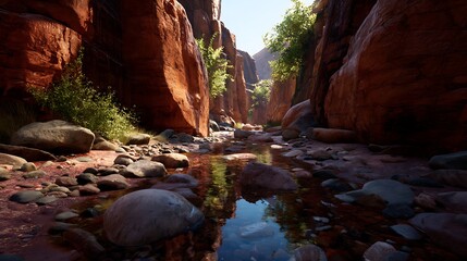 A sun-drenched canyon stream reflecting the surrounding rock formations.