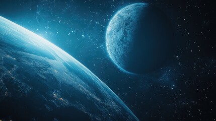 Obraz premium Stunning View of Earth and Distant Planet Surrounded by Stars and Cosmic Elements in Deep Space