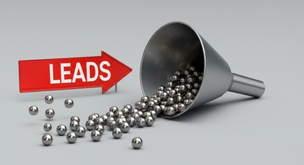 Lead Generation Funnel Concept with Metallic Balls and Red Arrow.
