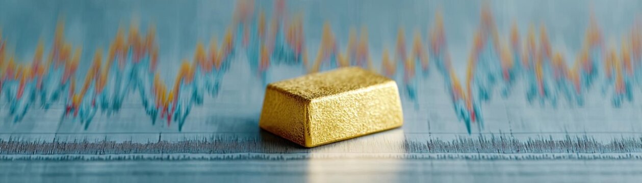 Gold market trend with forecast and portfolio value concept. Gold bar on a financial graph representing investment strategies.
