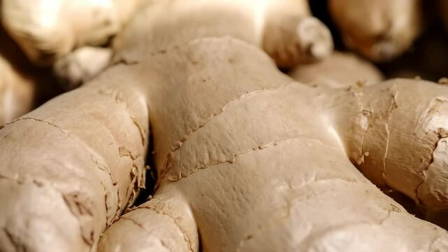 Close-up view of fresh ginger root, with bumpy texture and ridges. Ideal for cuisine, spices, or health concepts.