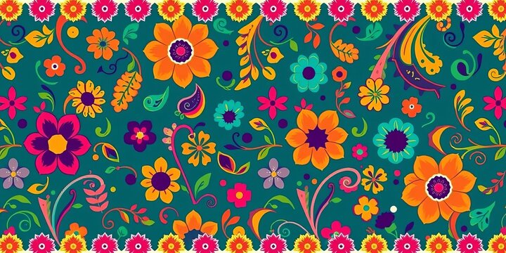 Vibrant paisley floral border, seamless ethnic pattern  Ikat style, colorful flowers, horizontal repeat,  texture,  design element