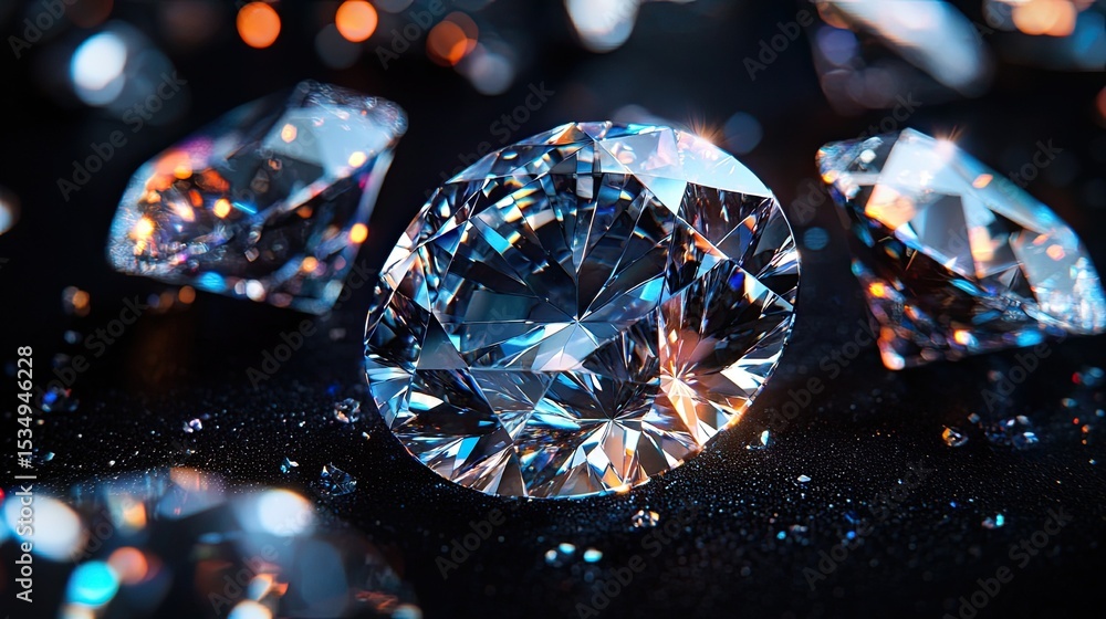 Poster diamonds on black background with sparkling facets and reflections creating luxurious and elegant vi