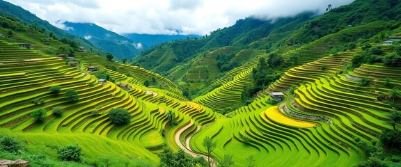 Obraz premium Vibrant green & white rice terraces cascading down Khau Pha Pass, Mu Cang Chai, landscape, travel