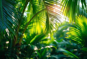 Fototapeta premium Vibrant green jungle panorama; lush palm leaves, sunlight dappled, tropical forest, exotic plants, selective focus, biodiversity, flora