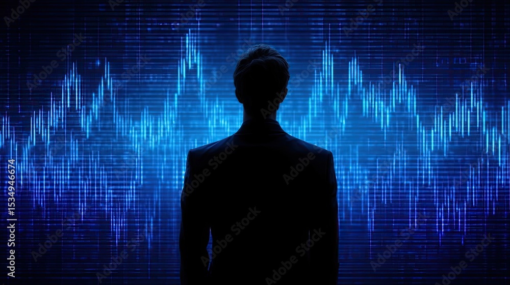 Poster Investment opportunity on value and trading wealth concept. Silhouette of a person analyzing data with digital graphs.