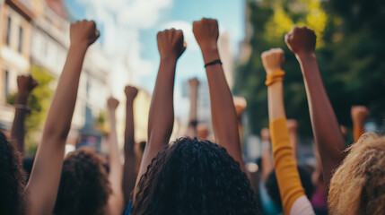Group of people raising their fists in solidarity during a public gathering
