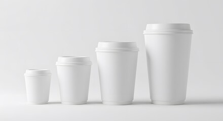 Four White Blank Disposable Paper Coffee Cups in a Row