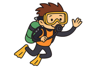 Fototapeta premium Cartoon diver waving underwater, exploring marine environment, transparent background highlighting underwater adventure and diving themes