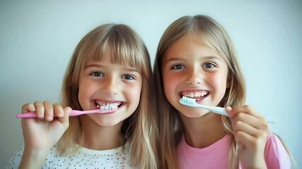Child and oral hygiene. Little girls on camera brushes teeth with a toothbrush.