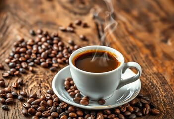 Fototapeta premium Steaming cup of coffee on rustic wood, scattered beans, cappuccino, coffee beans