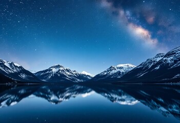 Starry night sky mirroring in tranquil alpine lake, snow-capped peaks panorama,  dark,  panorama view