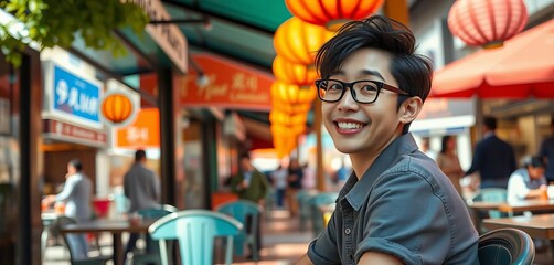Fototapeta premium Smiling figure at sunny Seoul cafe, bustling street, Seoul, scene