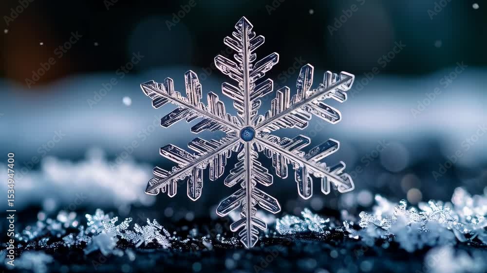 Aufkleber intricate snowflake macro photographed on a textured surface with bokeh effects