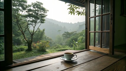 Serene mountain view coffee break peaceful window scene