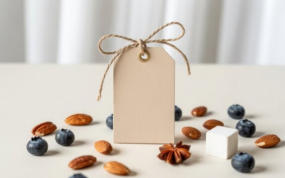 Blank kraft tag with jute bow mockup surrounded by almonds blueberries and star anise - Powered by Adobe
