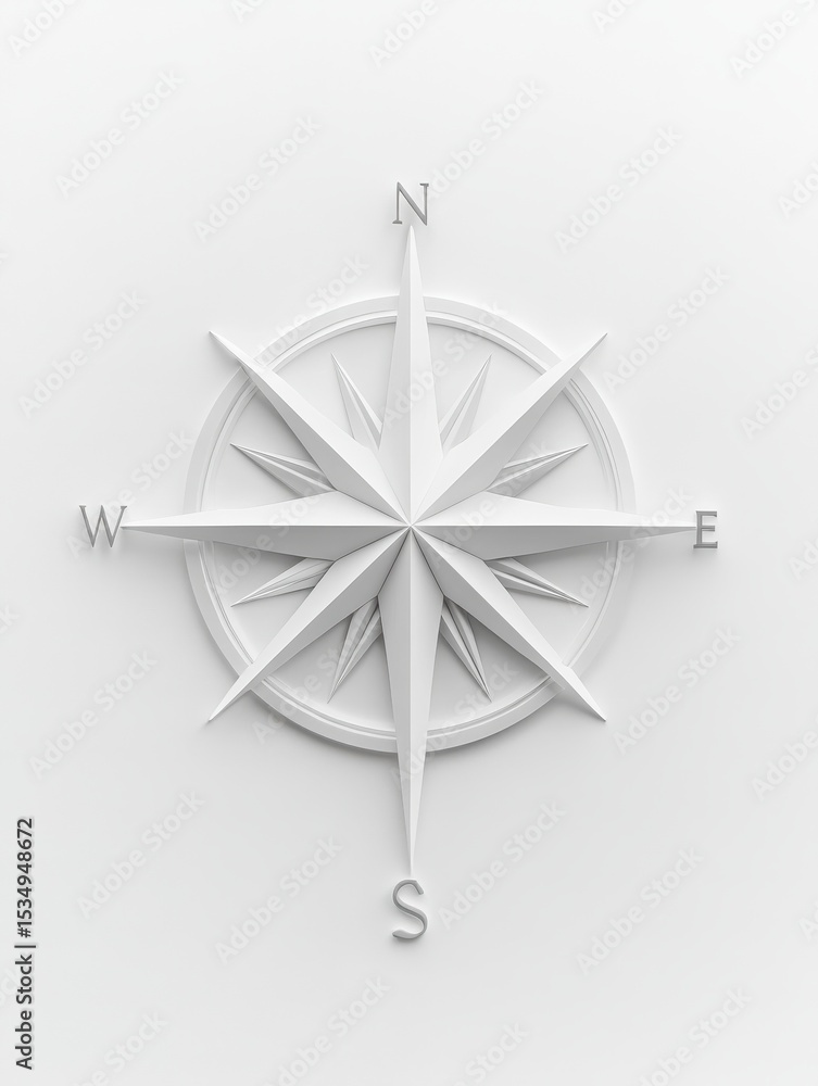 Poster a simple, white compass rose with clear lines set against a white background. the design is symbolic