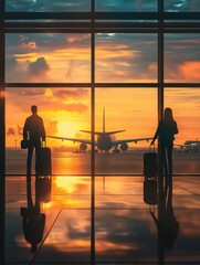 Couple waits for flight at airport terminal. Sunrise view outside terminal window shows airplane on tarmac. Travelers stand with luggage. Calm atmosphere. Airport scene.