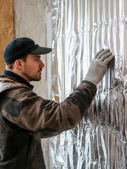 Sustainability at Home A skilled technician expertly applies a protective polythene bubble film to the back of aluminum foil insulation, strategically positioned behind heating radiators. This simple