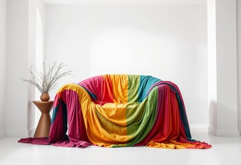 Giant colorful armchair in stark white room, draped textiles, striking decor,  contemporary,  juxtaposition