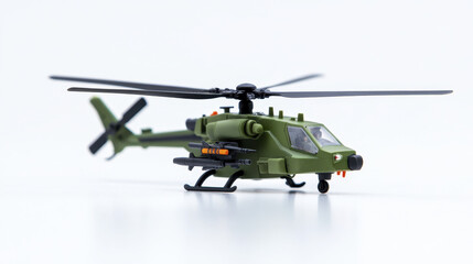 detailed model of military helicopter green color, showcasing its design and weaponry features. This miniature captures essence of aviation