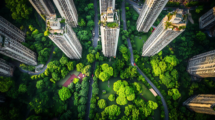 Aerial View of Urban High-Rise Buildings Surrounding a Lush Green Park